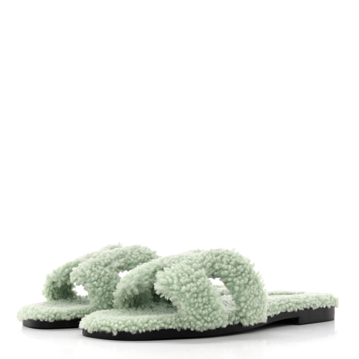 HERMES Woolskin Oran Sandals in the color Vert D’eau by FASHIONPHILE