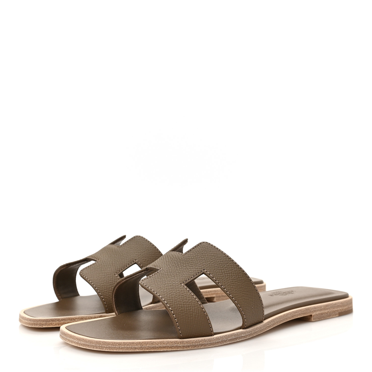 HERMES Epsom Oran Sandals in the color Etoupe by FASHIONPHILE