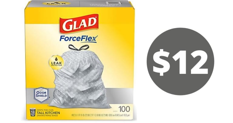 Glad ForceFlex 13 Gallon Drawstring Trash Bags 100 ct for $12