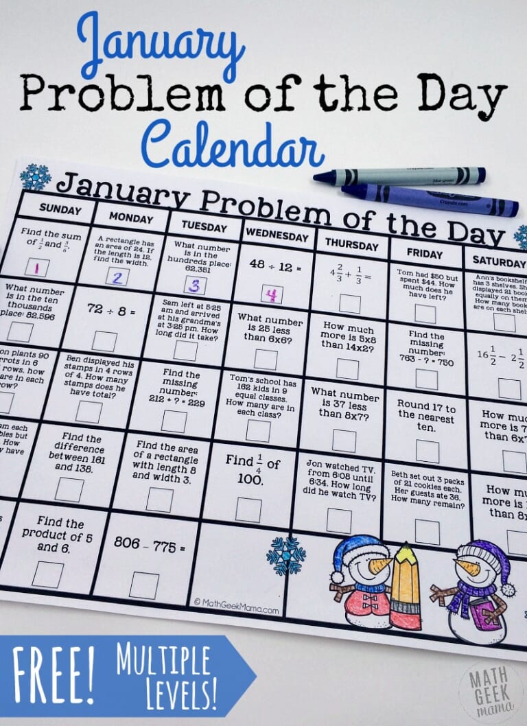Free Printable Math Problem of the Day January 2022 Calendar