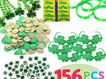 Set of 156 Pieces St. Patrick’s Day Accessories and Party Favors $21.99 – $0.14/ Piece! Includes Necklaces, Bracelets, Mustache, Coins, and More!