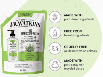 6-Pack J.R. Watkins Gel Hand Soap Refill Pouches, Aloe & Green Tea $11.51 (Reg. $35.94) – FAB Ratings! | $1.92 per 34 fl oz pouch! – USA Made and Cruelty Free!