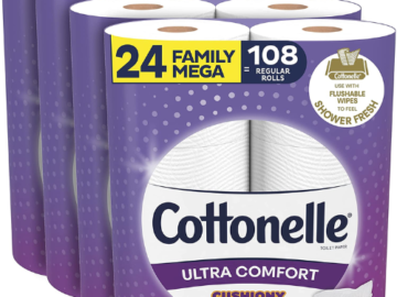 24 Family Mega Rolls Cottonelle Ultra Comfort Toilet Paper as low as $17.85 Shipped Free (Reg. $27.59) – $0.74 per Roll! 24 Family Mega Rolls = 108 Regular Rolls!