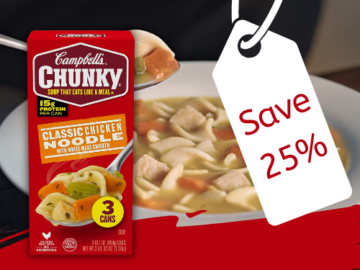 Save 25% on FOUR 3-Count Campbell’s Chunky Soup as low as $1.72/Can After Coupon (Reg. $10.31) + Free Shipping With Buy 4, Save 5%