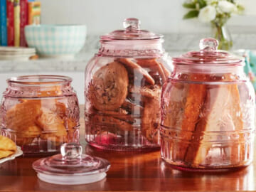 The Pioneer Woman 3 Piece Set Cassie Glass Canister From $12.96 (Reg. $19.96) – Color Teal or Rose