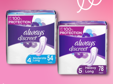 Save $5 on TWO Always DISCREET Incontinence and Postpartum Products as low as $36.64 After Coupon (Reg. $41.75) + Free Shipping!