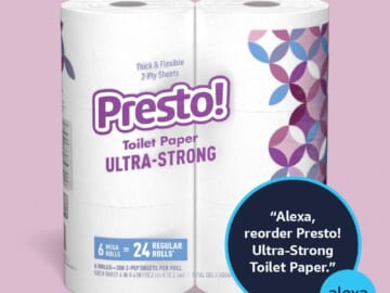 24-Count Presto! 308-Sheet Mega Roll Toilet Paper as low as $19.70 After Coupon (Reg. $31.48 ) + Free Shipping – $0.82 / Mega Roll, Less than a cent per sheet – 24 mega rolls = 96 regular rolls, Amazon brand!