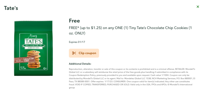 New Publix Digital Coupon | FREE Tiny Tate’s Chocolate Chip Cookies