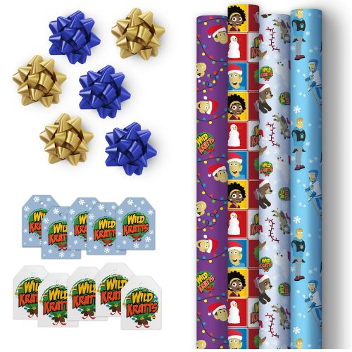 Gift Wrap Set of 4 Wrapping Paper Rolls, 10 Gift Tags, and 6 Bows $5 (Reg. $20) – Wild Kratts-Themed Designs!