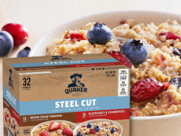 32-Count Quaker Steel Cut Quick 3-Minute Oatmeal, 2 Flavor Variety Pack as low as $18.18 After Coupon (Reg. $27.98) + Free Shipping – 57¢/packet!