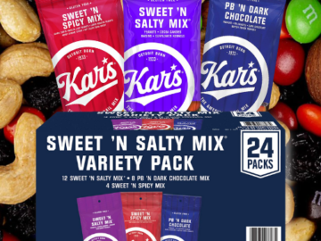 24-Count Kar’s Nuts Variety Pack Sweet ‘N Salty Sweet ‘N Spicy Peanut Butter Dark Trail Mix as low as $11.61 Shipped Free (Reg. $23.99) – 48¢/pouch! Kosher and Gluten free!