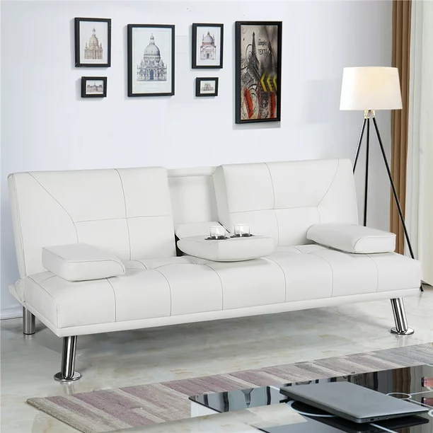 Add an anchor piece for your living room with this Modern Faux Leather Futon with Cupholders and Pillows for just $160 Shipped Free (Reg. $209)