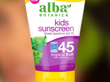 FOUR Bottles of Alba Botanica Tropical Fruit Kids Sunscreen SPF 45, 4 Oz as low as $3.41 EACH Bottle After Coupon (Reg. $11) + Free Shipping + Buy 4, Save 5%
