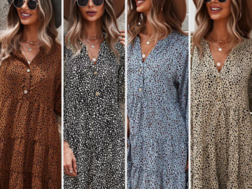 Elevate your style with this Loose V-Neck Bubble Sleeve Leopard Print Dress $18.38 After Code (Reg. $28.27) – 4 Colors Available!
