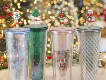 4-Pack Holiday Time 26-Oz Christmas Tumbler w/ Figural Straw $12 (Reg. $19.97) – $3/Tumbler – Multi-Color