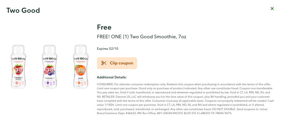 New Publix Digital Coupon | FREE Two Good Smoothie