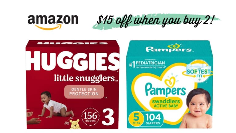$15 Off wyb (2) Diapers: Huggies, Pampers or Honest