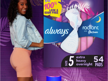 54-Count Always Radiant Size 5 Feminine Extra Heavy Pads as low as $15.41 After Coupon (Reg. $23.82) + Free Shipping – $5.14/ 18-Count Pack or 29¢/Pad