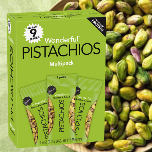 FOUR Boxes 9-Pack Wonderful Pistachios No Shells, Roasted and Salted as low as $5.97 PER BOX (Reg. $12.19) + Free Shipping – 66¢/ 0.75 oz pouch! + Buy 4, save 5%