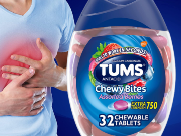 FOUR Bottles of 32-Count TUMS Chewy Bites Antacid Tablets, Assorted Berries as low as $2.03 EACH Bottle After Coupon (Reg. $7) + Free Shipping – 6¢/Tablet + Buy 4, Save 5% – Heartburn & Acid Indigestion Relief