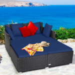 Costway Outdoor Patio Rattan Daybed Pillows Cushioned Sofa Furniture