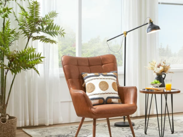 Enjoy the comfort and style of this Bellamy Studios Faux Leather Wingback Accent Chair, Tan for just $150 Shipped Free (Reg. $239.99)