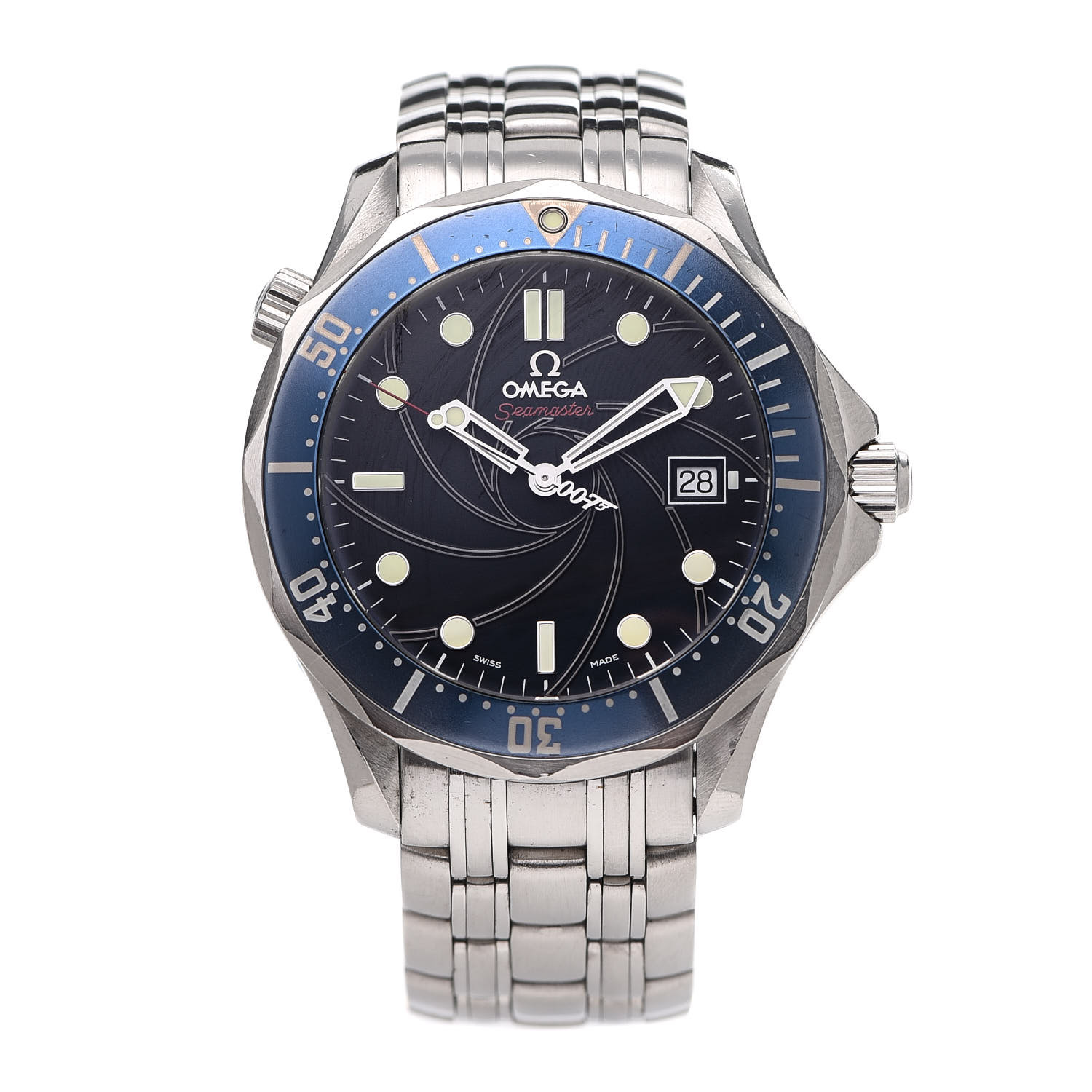 this is an image of an OMEGA Stainless Steel Seamaster 300M James Bond 007 Automatic Watch in the color blue reference number 2226.80.00 by FASHIONPHILE