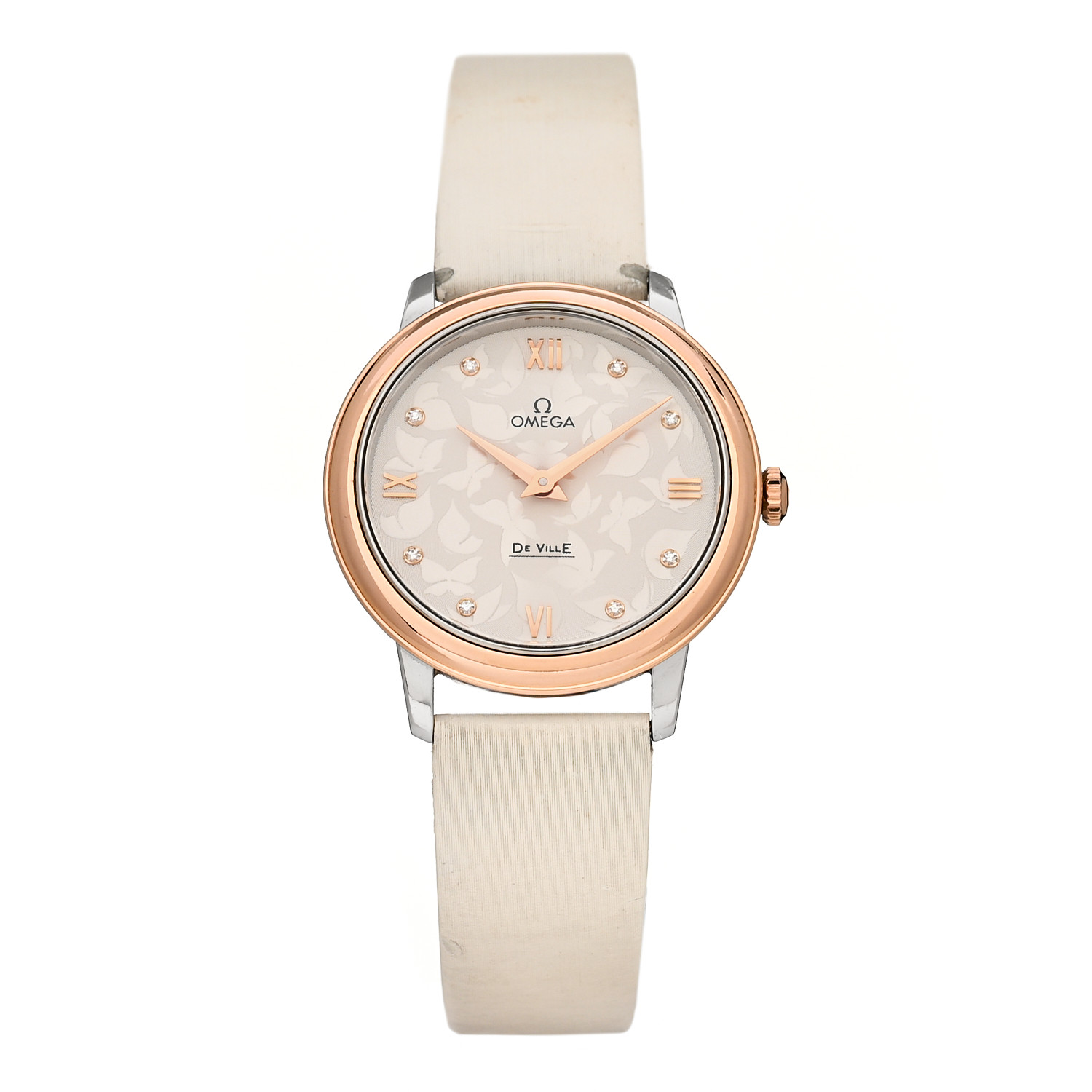 this is an image of an OMEGA Stainless Steel 18K Red Gold Calfskin Diamond 33mm De Ville Prestige Butterfly Automatic Watch in the color beige reference number 424.22.33.60.52.001 by FASHIONPHILE