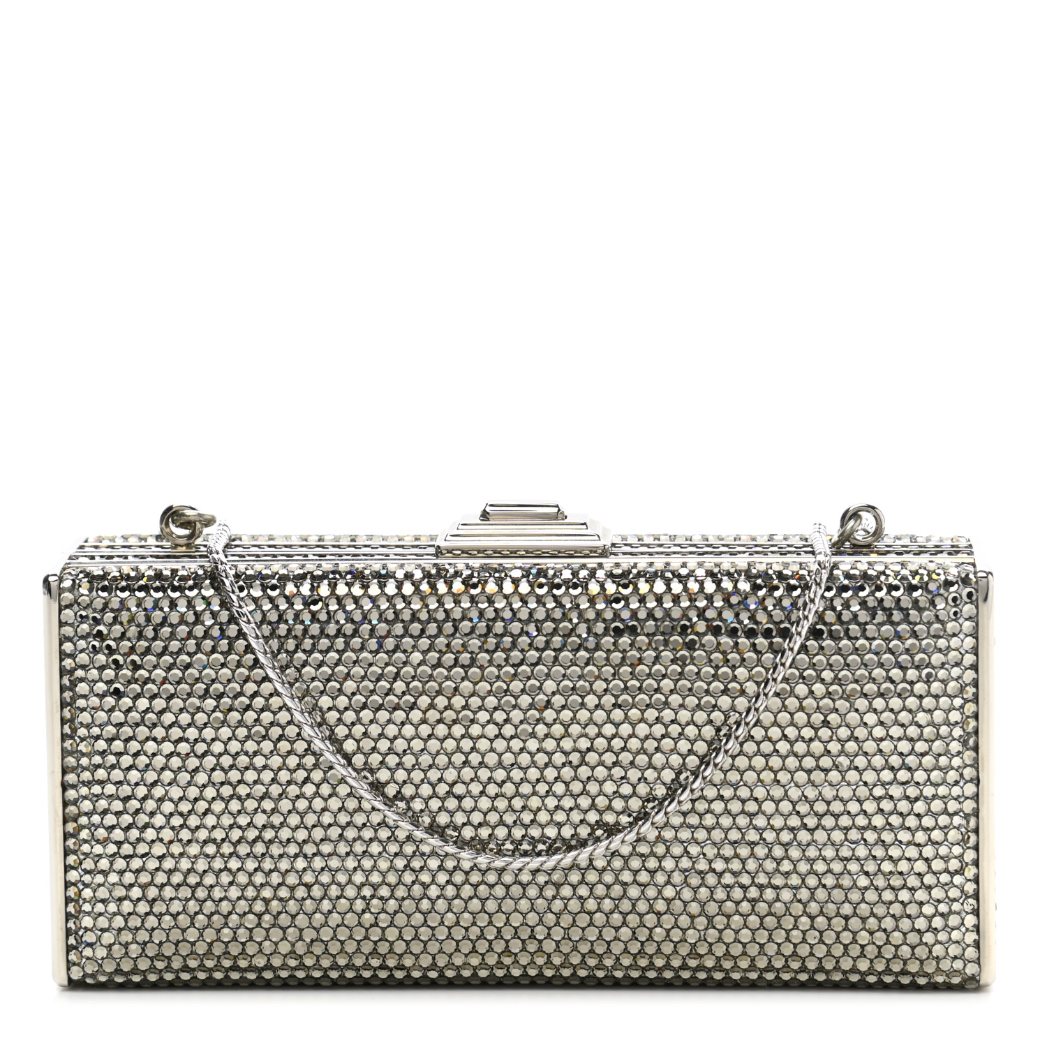 JUDITH LEIBER Swarovski Crystal Minaudiere Clutch Silver JUDITH LEIBER Swarovski Crystal Minaudiere Clutch in the color Silver by FASHIONPHILE