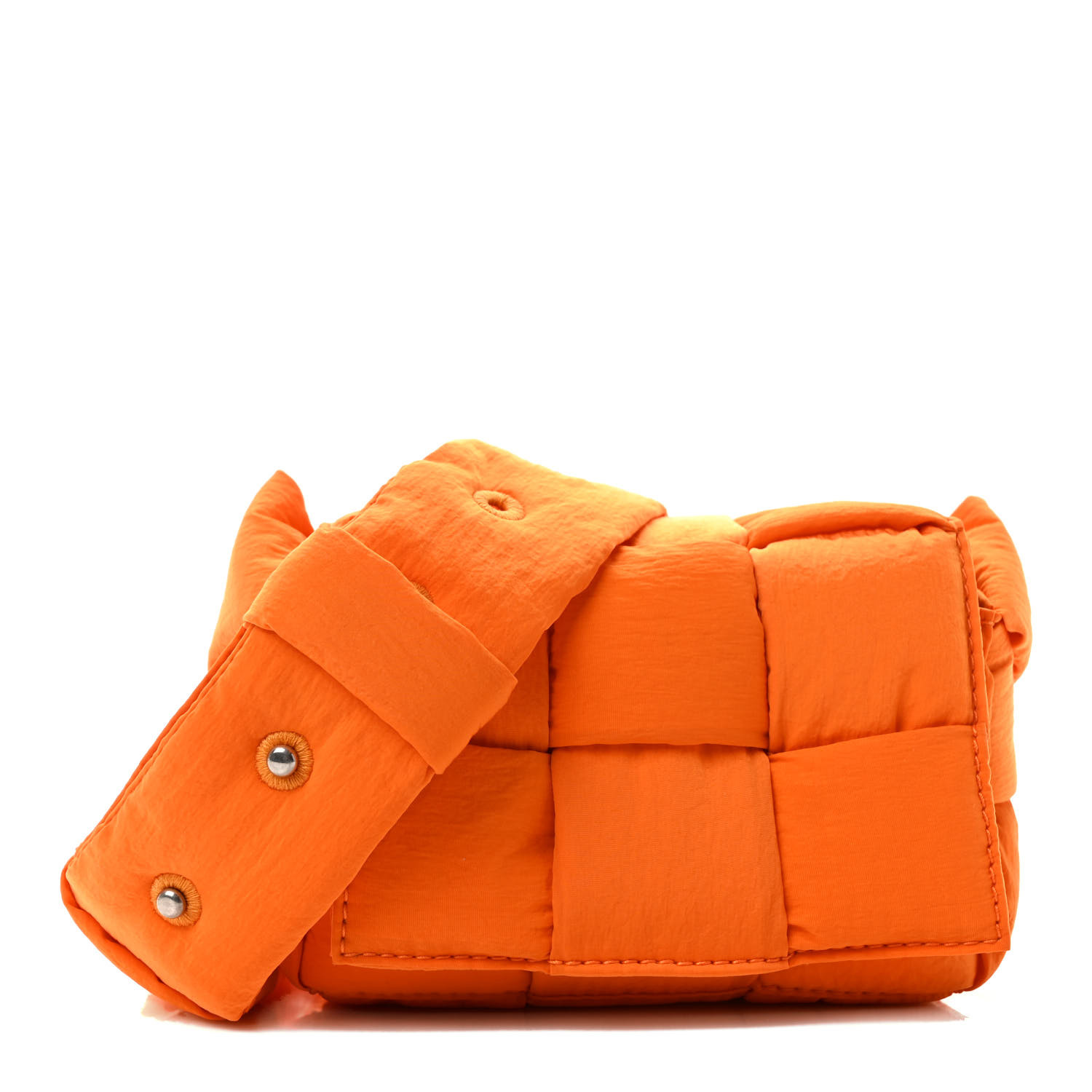 BOTTEGA VENETA Nylon Intrecciato Mini Padded Tech Candy Cassette Bag Orange BOTTEGA VENETA Nylon Intrecciato Padded Tech Candy Cassette bag in the mini size in the color Orange by FASHIONPHILE