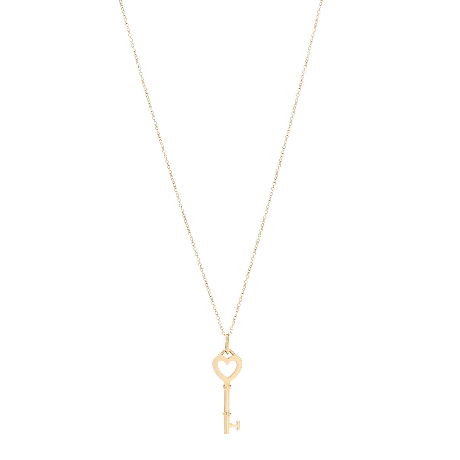 This is a product image by FASHIONPHILE of a TIFFANY 18K Yellow Gold Mini Heart Key Pendant Necklace