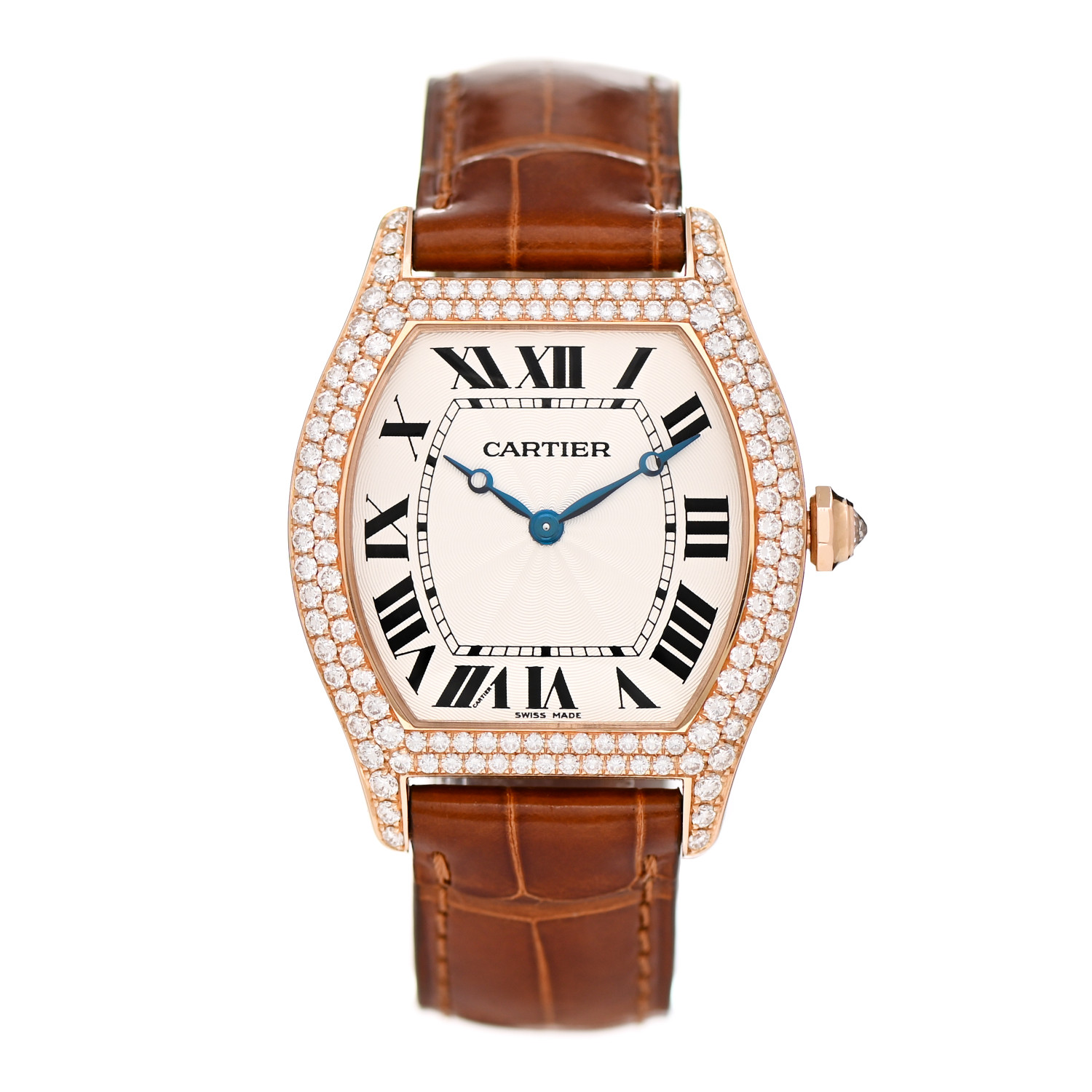 product image of CARTIER 18K Pink Gold Alligator Diamond Pave Bezel 34mm Tortue Manual Winding Watch FASHIONPHILE