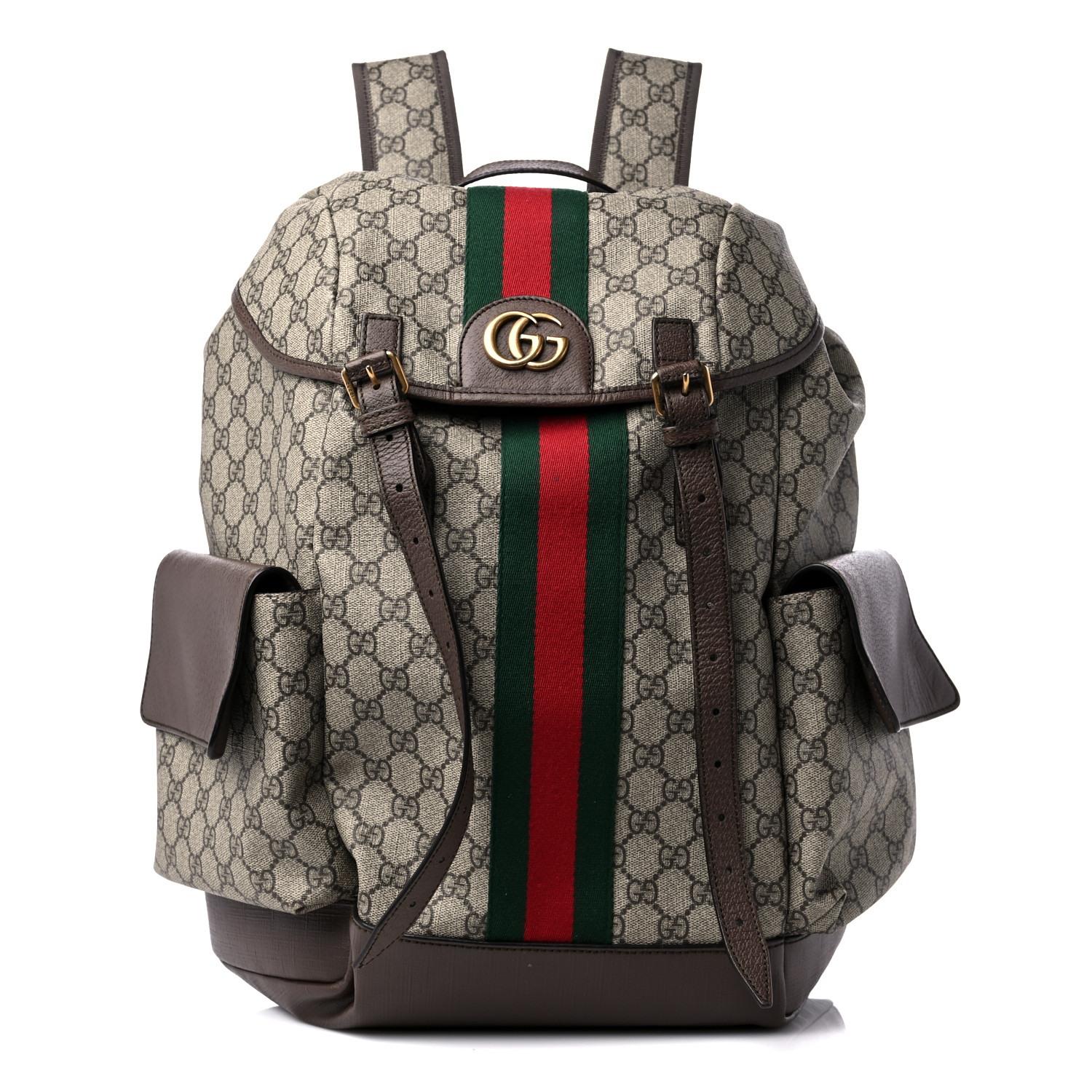 1d63d744a3eeae6b1fe9ce05ab307420 product image of GUCCI GG Supreme Monogram Medium Ophidia Double Buckle Backpack Brown FASHIONPHILE