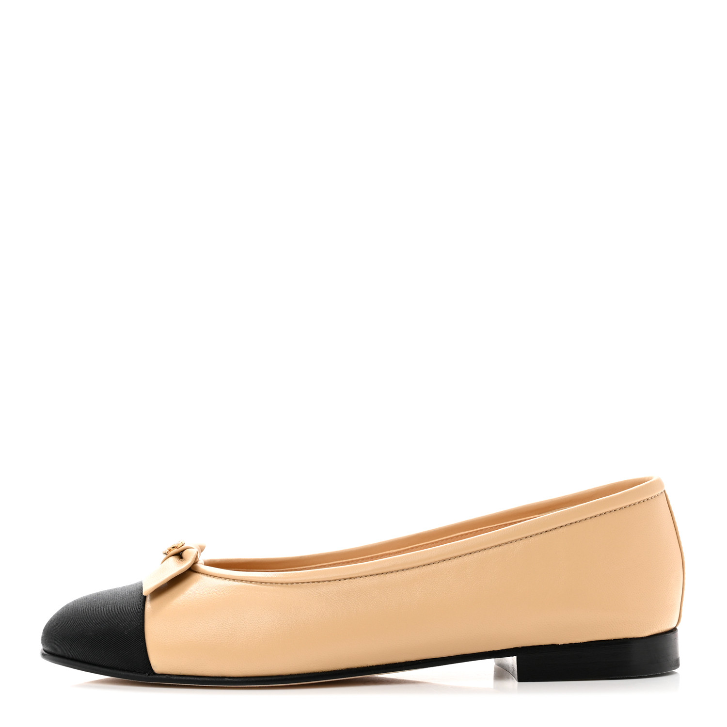product image of CHANEL Lambskin Grosgrain Cap Toe Pearl CC Ballerina Flats 36.5 Beige Black FASHIONPHILE