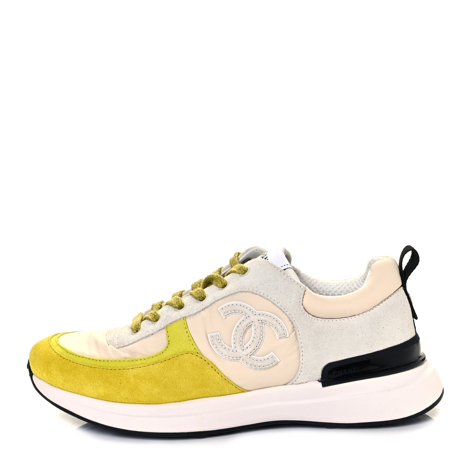 product image of CHANEL Nylon Calfskin Suede Womens CC Sneakers 39 Ivory Grey Yellow FASHIONPHILE