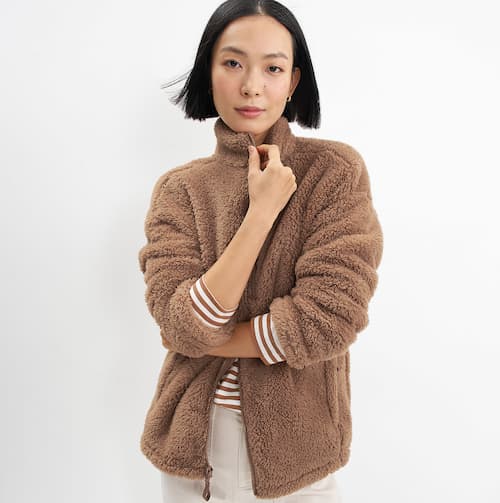 Lands' End Women's Long Sleeve Cozy Full Zip Top in Warm Tawny Brown