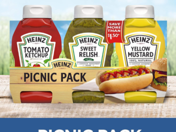 Heinz 3-Count Tomato Ketchup, Relish, and Mustard Picnic Pack as low as $4.78 when you buy 4 (Reg. $6) + Free Shipping – $1.59 Each