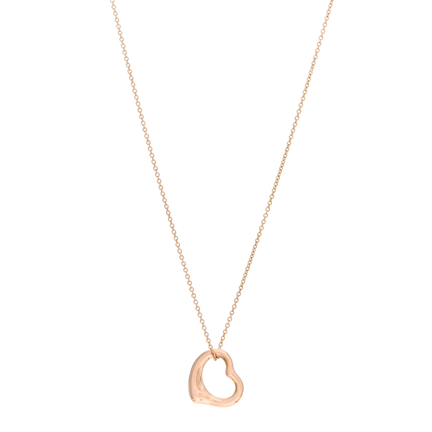 this is a product image by FASHIONPHILE of a TIFFANY 18K Rose Gold 16mm Elsa Peretti Open Heart Pendant Necklace