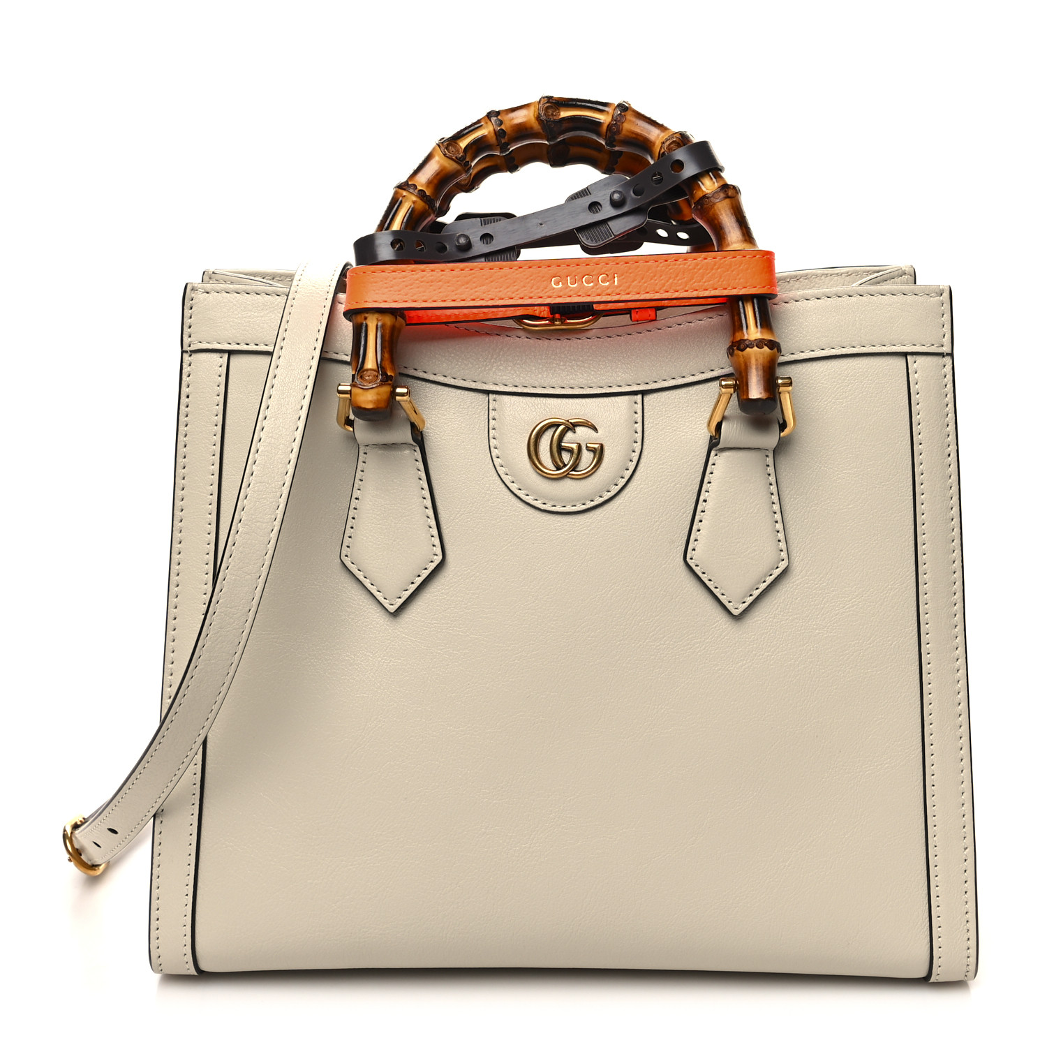 this is a front view image of a GUCCI Wonka Grain Calfskin Small Diana Tote Bag in the colors Mystic White and Orange Fluo by FASHIONPHILE