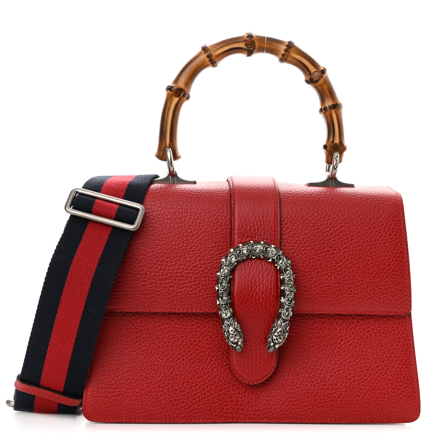 this is a front view image of a GUCCI Dollar Calfskin Crystal Bamboo Web Medium Dionysus Top Handle Bag in the color Hibiscus Red by FASHIONPHILE