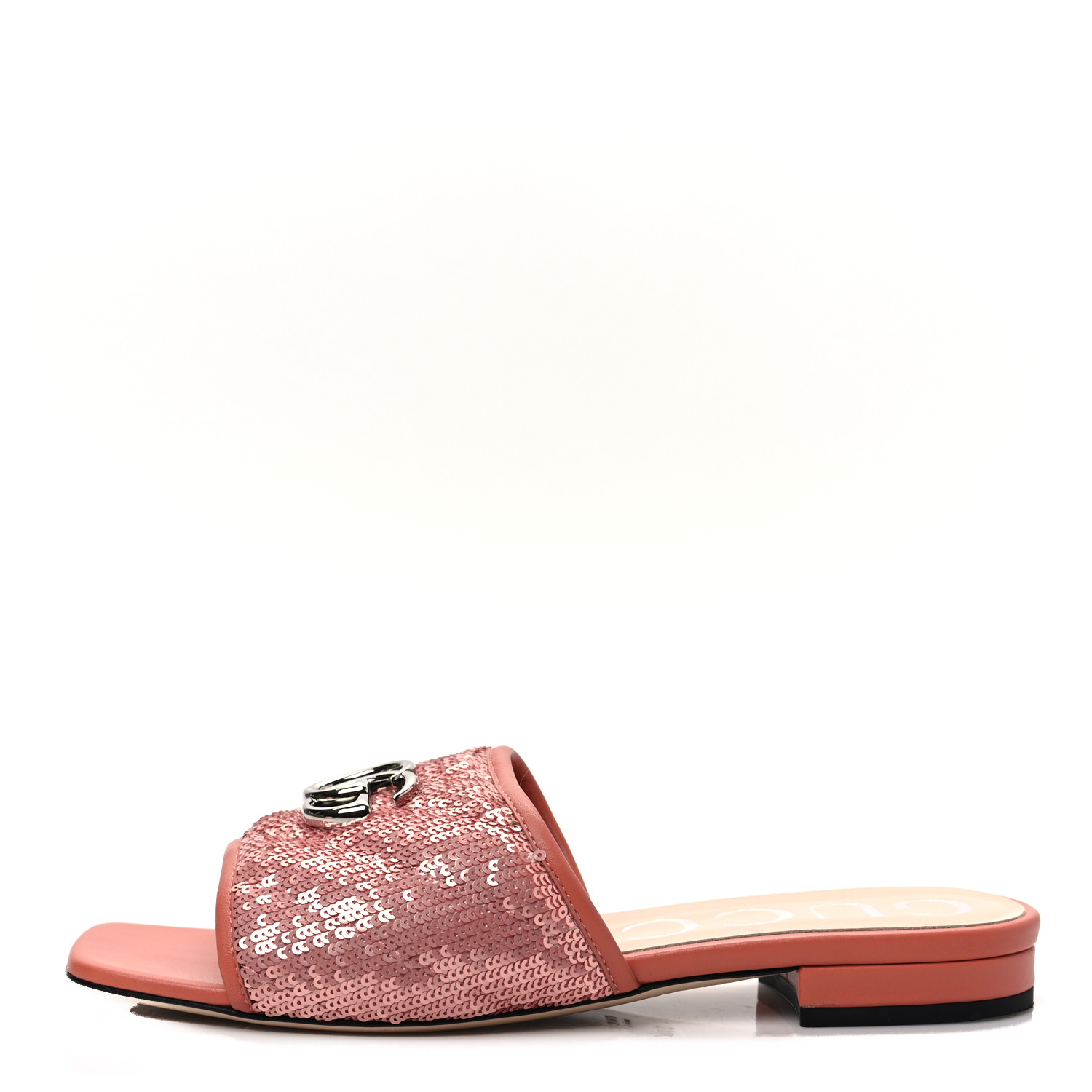 GUCCI Sequin Satin Calfskin Matelasse GG Marmont Flat Slide Sandals size 37.5 in the colors Antique Rose Rosa Pale Pink by fashionphile