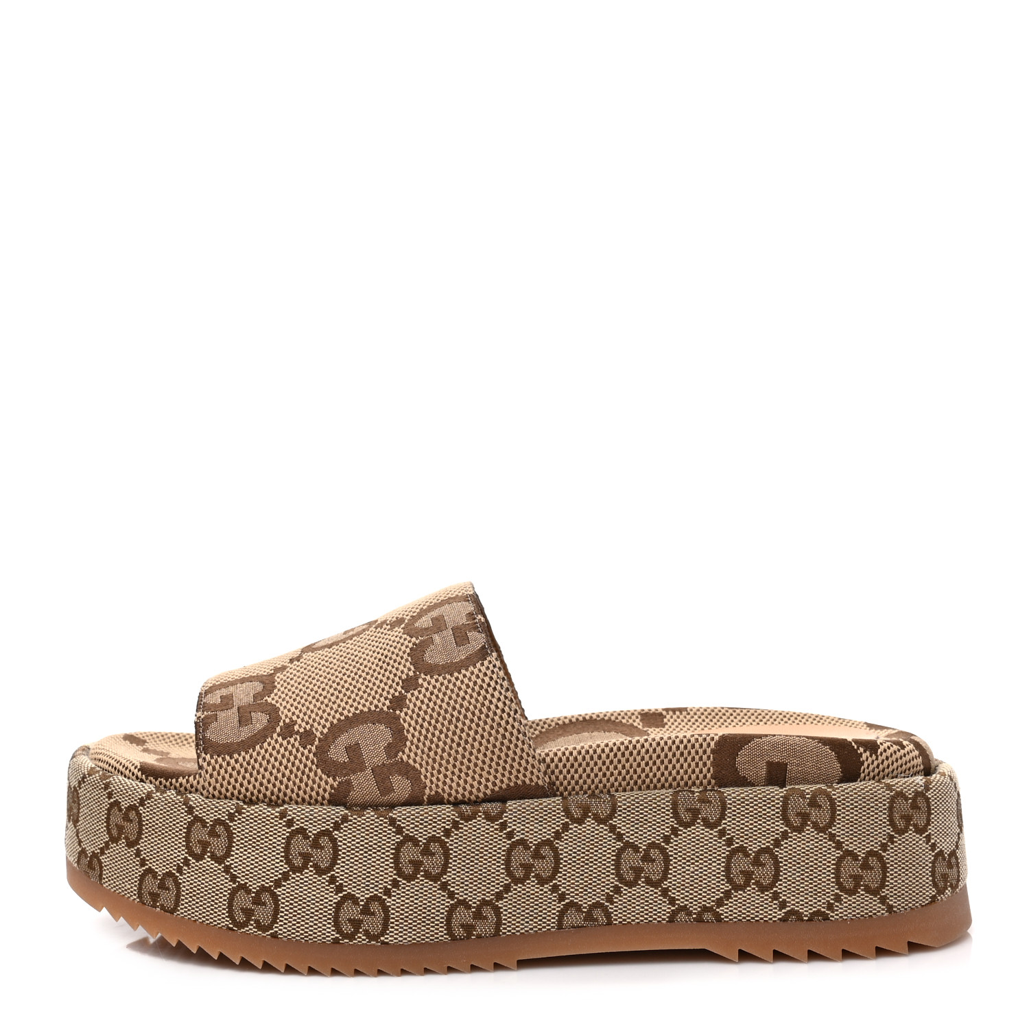 GUCCI Monogram Maxi GG Angelina Platform Slide Sandals size 38 in the colors Camel Ebony by fashionphile