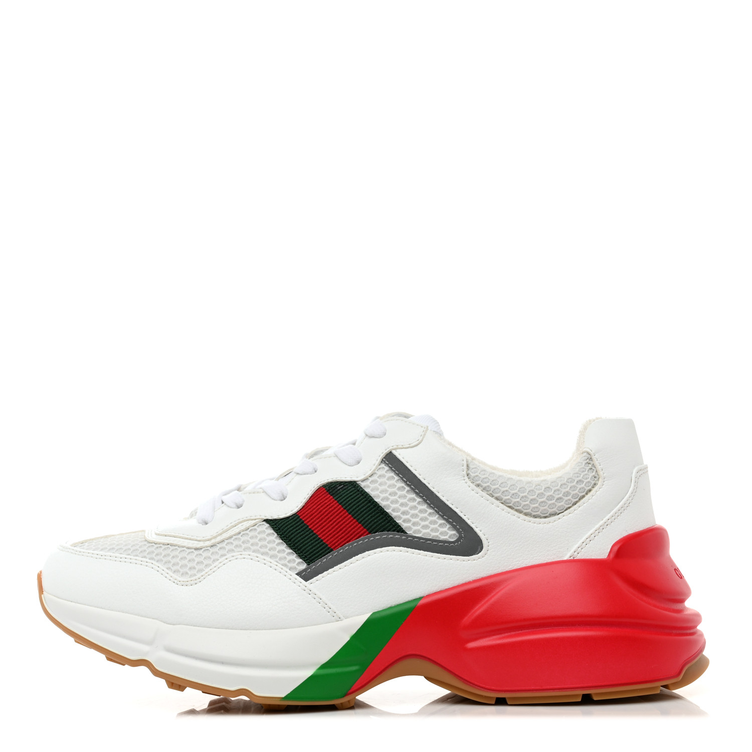 GUCCI Lavaredo Eco Fabric Mesh Web Mens Rhyton Reflective Sneakers in size 6.5 in the colors Great White Green Red Silver by fashionphile