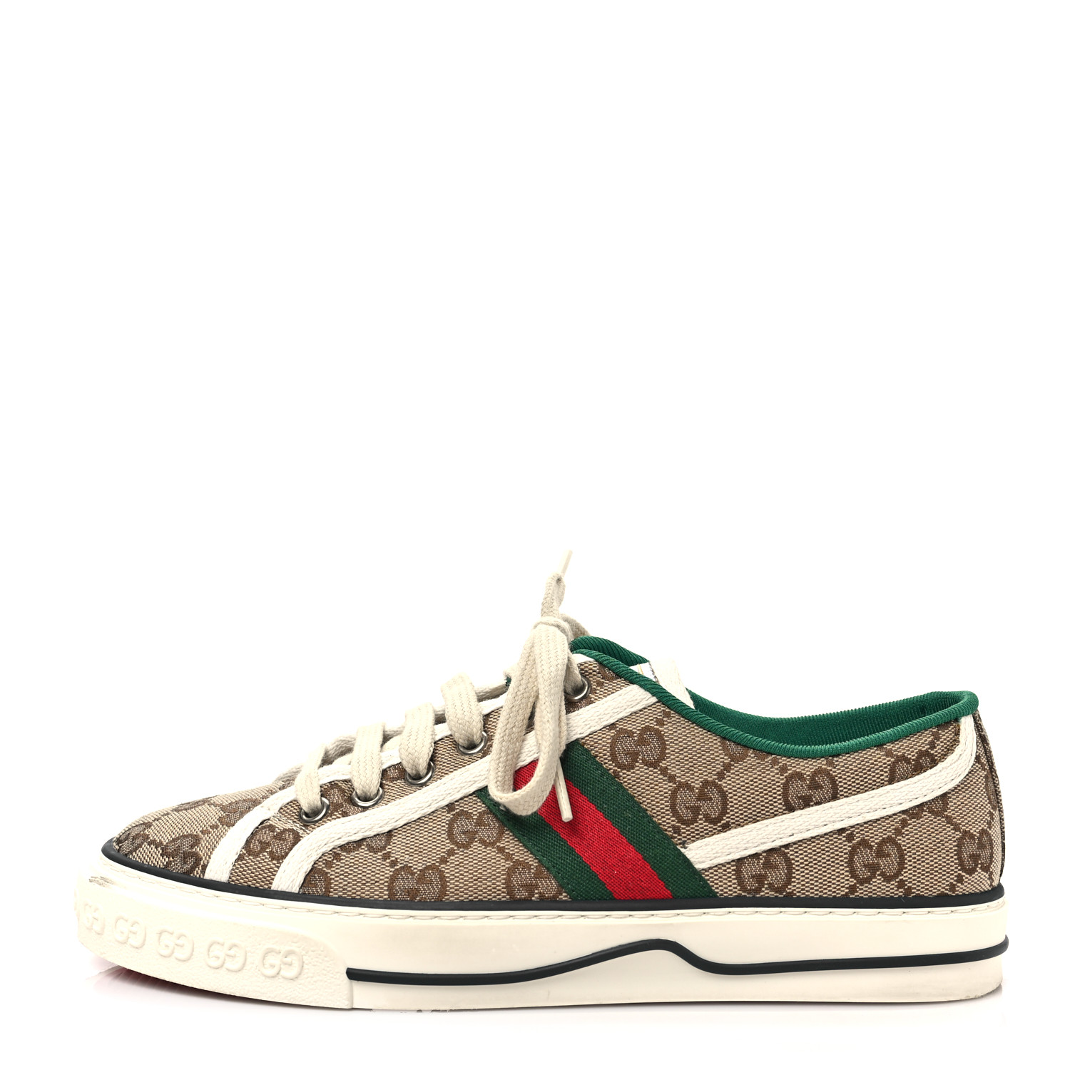 GUCCI GG Monogram Web Womens 1977 Tennis Sneakers size 37.5 in the colors Beige Ebony Mystic White by fashionphile