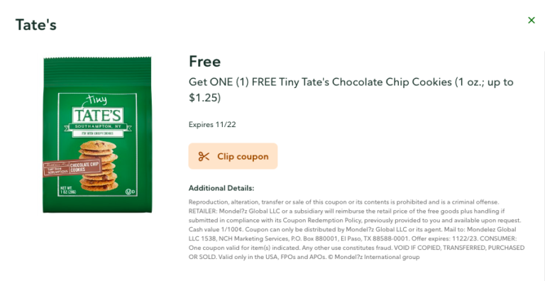FREE Tiny Tate’s Chocolate Chip Cookies | Publix Digital Coupon
