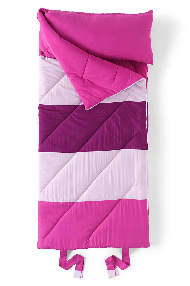 a pink and purple striped sleeping bag