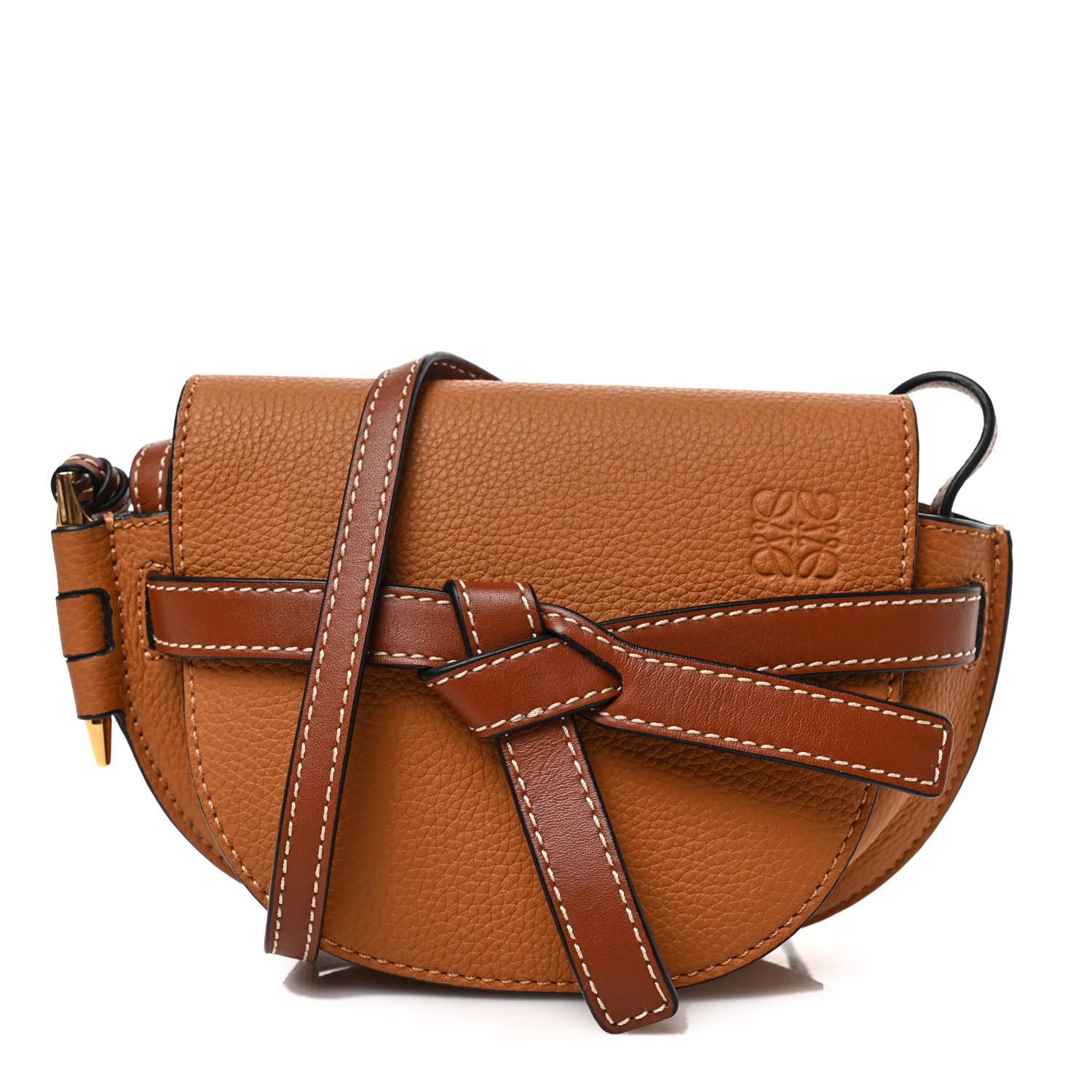 LOEWE Grained Calfskin Mini Gate Crossbody Bag in the color Caramel Pecan by FASHIONPHILE