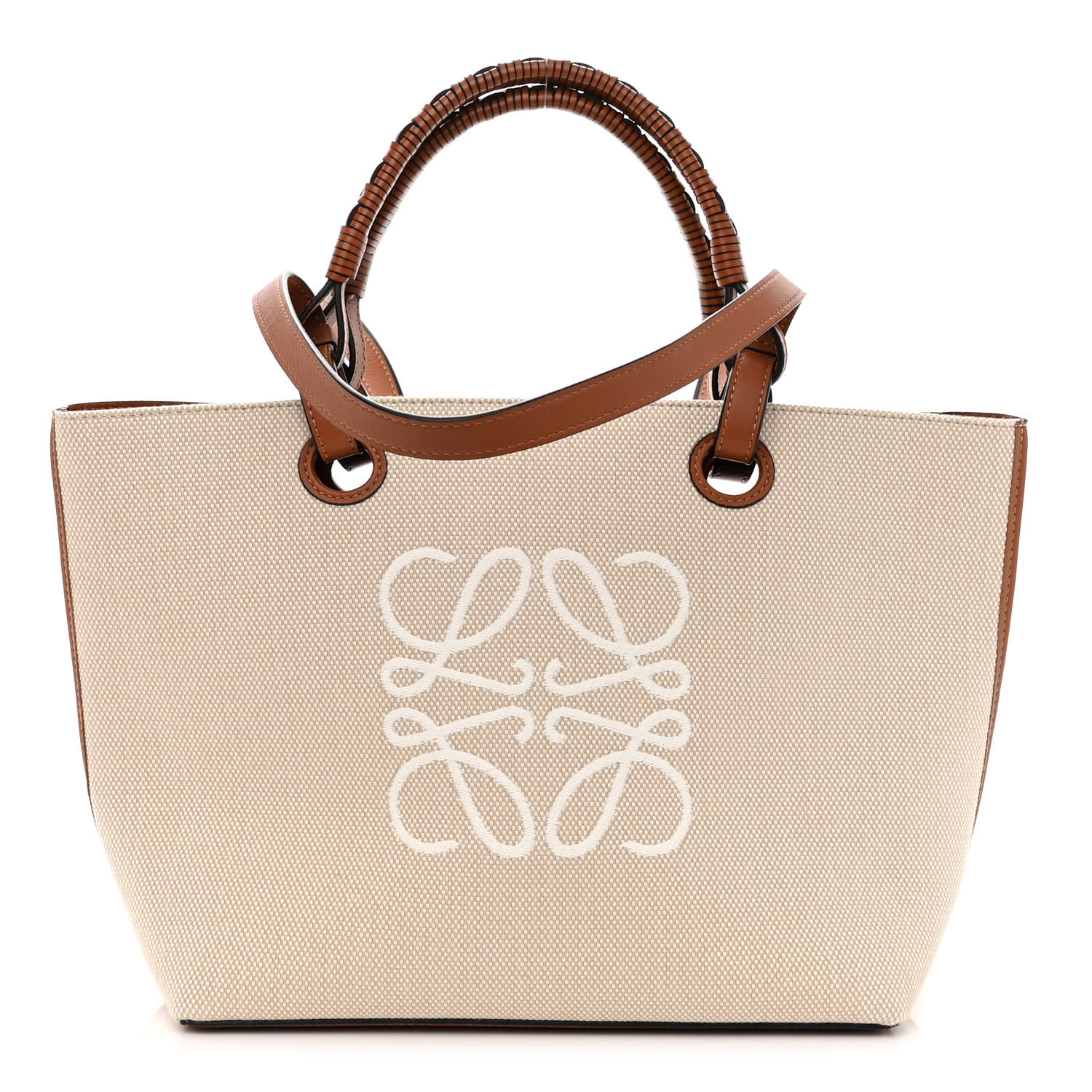 LOEWE Canvas Calfskin Small Anagram Tote in the color Ecru Tan by FASHIONPHILE