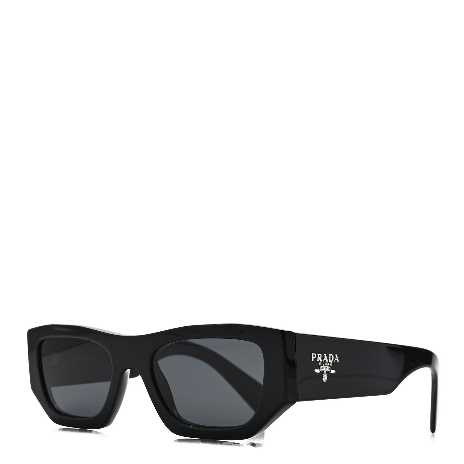 PRADA Acetate Pillow Sunglasses SPR A01 Black side view image of PRADA Acetate Pillow Sunglasses SPR A01 in the color black by FASHIONPHILE