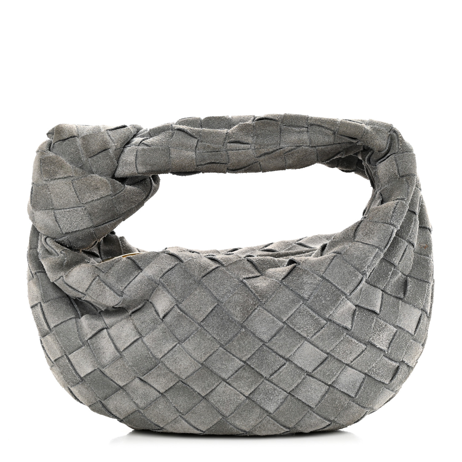 BOTTEGA VENETA Suede Intrecciato Mini Jodie Thunder front view image of BOTTEGA VENETA Suede Intrecciato Mini Jodie in the color Thunder by FASHIONPHILE